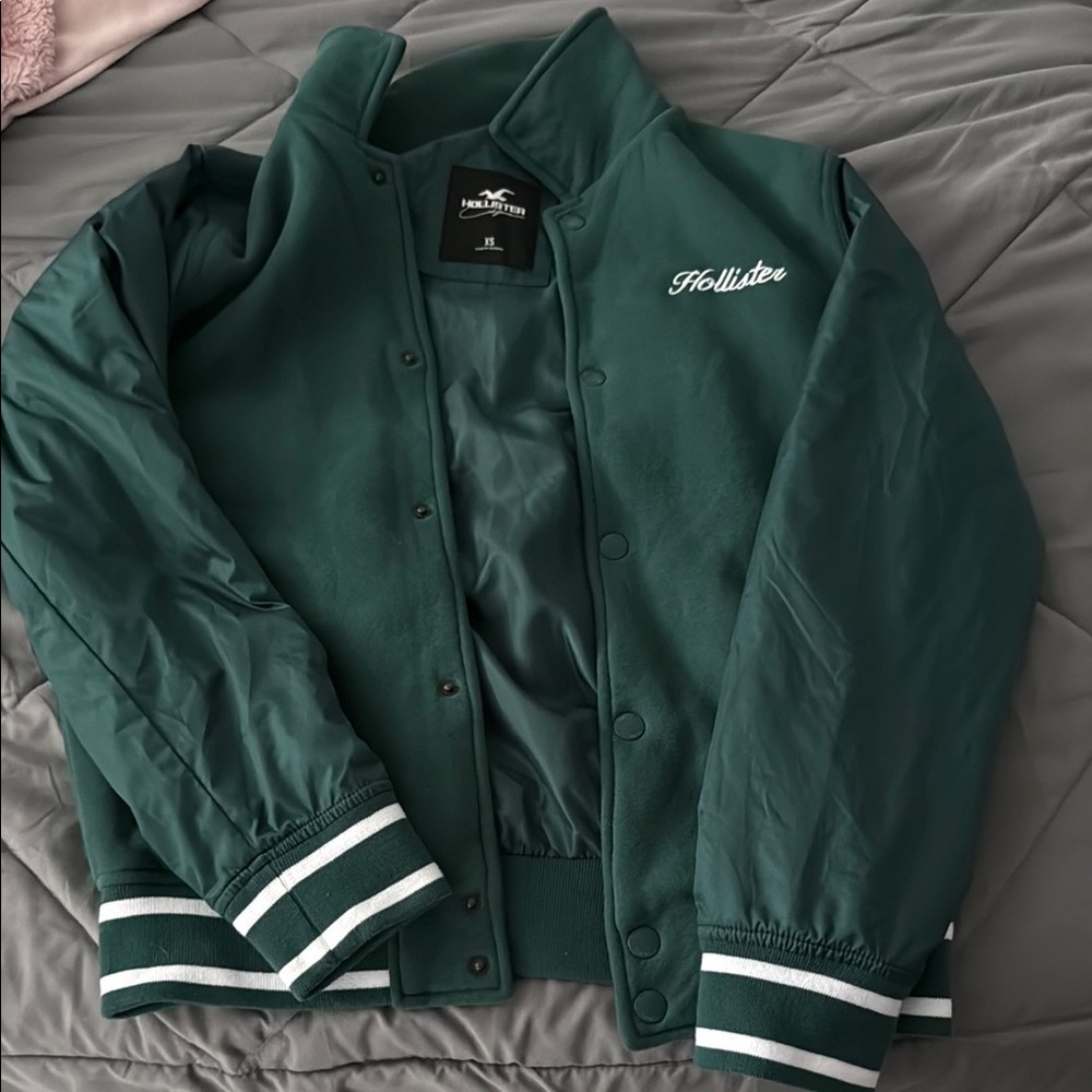 Hollister Green Bomber Jacket with Striped Cuffs
